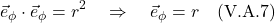 \[ \vec{e}_{\phi} \cdot  \vec{e}_{\phi} =r^2   \quad \Rightarrow \quad \vec{e}_{\phi} = r   \quad \text{(V.A.7)}  \]