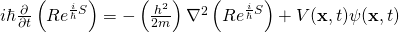 i\hbar\frac{\partial} {\partial t} \left(Re^{\frac{i}{\hbar}{S}}\right)=-\left( \frac{h^2}{2m} \right)\nabla^2 \left(Re^{\frac{i}{\hbar}{S}}\right) + V(\mathbf{x},t)\psi(\mathbf{x},t)