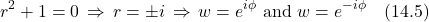 \[ r^2 + 1 = 0  \, \Rightarrow \, r=\pm i \, \Rightarrow \,  w = e^{i\phi} \text{ and } w = e^{-i\phi} \quad \text{(14.5)} \]