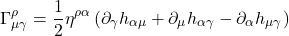 \[ \Gamma_{\mu \gamma}^\rho=\frac{1}{2} \eta^{\rho \alpha}\left(\partial_\gamma h_{\alpha \mu}+\partial_\mu h_{\alpha \gamma}-\partial_\alpha h_{\mu \gamma}\right) \]