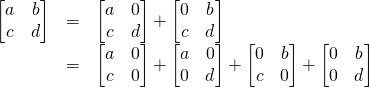 \begin{array} {rcl}\begin{bmatrix} a & b \\ c & d \end{bmatrix} &=& \begin{bmatrix} a & 0 \\ c & d \end{bmatrix} + \begin{bmatrix} 0 & b \\ c & d \end{bmatrix} \\ &=& \begin{bmatrix} a & 0 \\ c & 0 \end{bmatrix} + \begin{bmatrix} a & 0 \\ 0 & d \end{bmatrix} + \begin{bmatrix} 0 & b \\ c & 0 \end{bmatrix} + \begin{bmatrix} 0 & b \\ 0 & d \end{bmatrix} \end{array}