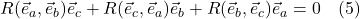 R(\vec{e}_a, \vec{e}_b)\vec{e}_c +  R(\vec{e}_c, \vec{e}_a)\vec{e}_b + R(\vec{e}_b, \vec{e}_c)\vec{e}_a  = 0 \quad \text{(5)}