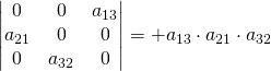 \begin{vmatrix}0&0&a_{13}\\a_{21}&0&0\\0&a_{32}&0\end{vmatrix}=+a_{13}\cdot a_{21}\cdot a_{32}