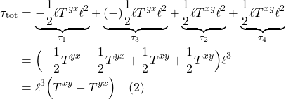 \begin{align*}\displastyle  \tau_{\text{tot}} &= \underbrace{-\frac12 \ell T^{yx} \ell^2}_{\tau_1} + \underbrace{(-)\frac12 \ell T^{yx} \ell^2}_{\tau_3} + \underbrace{\frac12 \ell T^{xy} \ell^2}_{\tau_2} + \underbrace{\frac12 \ell T^{xy} \ell^2}_{\tau_4} \\ &= \Bigl( -\frac12 T^{yx}  -\frac12 T^{yx} + \frac12 T^{xy} + \frac12 T^{xy} \Bigr) \ell^3 \\ &= \ell^3 \Bigl(  T^{xy} - T^{yx} \Bigr) \quad \text{(2)}  \end{align*}