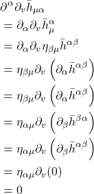 \begin{align*} & \partial^\alpha \partial_v \bar{h}_{\mu \alpha} \\ &= \partial_\alpha \partial_v \bar{h}_\mu^\alpha \\ &= \partial_\alpha \partial_v \eta_{\beta \mu} \bar{h}^{\alpha \beta} \\ &= \eta_{\beta \mu} \partial_v\left(\partial_\alpha \bar{h}^{\alpha \beta}\right)\\ &=\eta_{\beta \mu} \partial_v\left(\partial_\alpha \bar{h}^{\alpha \beta}\right) \\ & =\eta_{\alpha \mu} \partial_v\left(\partial_\beta \bar{h}^{\beta \alpha}\right) \\ & =\eta_{\alpha \mu} \partial_v\left(\partial_\beta \bar{h}^{\alpha \beta}\right) \\ & =\eta_{\alpha \mu} \partial_v(0) \\ & =0 \end{align*}