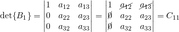 \det{B_1}=\begin{vmatrix} 1&a_{12}&a_{13}\\ 0&a_{22}&a_{23} \\ 0&a_{32}&a_{33} \end{vmatrix}=\begin{vmatrix} 1&\cancel{a_{12}}&\cancel{a_{13}}\\ \cancel{0}&a_{22}&a_{23} \\ \cancel{0}&a_{32}&a_{33} \end{vmatrix}=C_{11}