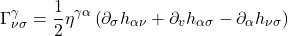 \[ \Gamma_{\nu \sigma}^\gamma=\frac{1}{2} \eta^{\gamma \alpha}\left(\partial_\sigma h_{\alpha \nu}+\partial_v h_{\alpha \sigma}-\partial_\alpha h_{\nu \sigma}\right) \]