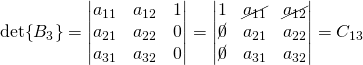 \det{B_3}=\begin{vmatrix} a_{11}&a_{12}&1\\ a_{21}&a_{22}&0 \\ a_{31}&a_{32}&0 \end{vmatrix}=\begin{vmatrix} 1&\cancel{a_{11}}&\cancel{a_{12}}\\ \cancel{0}&a_{21}&a_{22} \\ \cancel{0}&a_{31}&a_{32} \end{vmatrix}=C_{13}