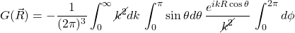 G(\vec{R})=\displaystyle -\frac{1}{(2\pi)^3}\displaystyle \int_0^{\infty} \cancel{k^2} dk\,\int_0^{\pi} \sin \theta d\theta\,\displaystyle \frac{e^{ikR\cos\theta}}{\cancel{k^2}}\,\int_0^{2\pi}d\phi