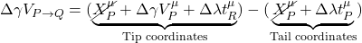 \Delta \gamma V_{P \rightarrow Q} = (\underbrace{\cancel{X^{\mu}_P} + \Delta \gamma V_P^{\mu} + \Delta \lambda t_R^{\mu}}_{\text{Tip coordinates}}) - (\underbrace{\cancel{X^{\mu}_P} + \Delta \lambda t_P^{\mu}}_{\text{Tail coordinates}})