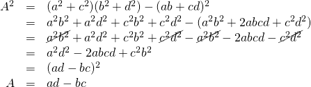 \begin{array}{rcl} A^2&=&(a^2+c^2)(b^2+d^2)-(ab + cd)^2 \\ &=& a^2b^2+a^2d^2+c^2b^2+c^2d^2-(a^2b^2+2abcd+c^2d^2) \\ &=& \cancel{a^2b^2}+a^2d^2+c^2b^2+\cancel{c^2d^2}- \cancel{a^2b^2}-2abcd-\cancel{c^2d^2} \\ &=& a^2d^2-2abcd+c^2b^2 \\ &=& (ad-bc)^2 \\ A &=& ad-bc\end{array}
