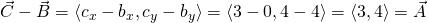 \vec C - \vec B = \langle c_x - b_x, c_y - b_y \rangle = \langle 3 - 0, 4 - 4 \rangle = \langle 3,4 \rangle = \vec A