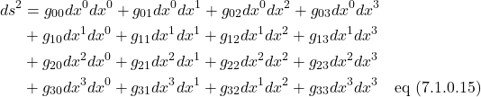 \begin{align*}\displaystyle ds^2 &= g_{00}dx^0dx^0 + g_{01}dx^0dx^1 + g_{02}dx^0dx^2 + g_{03}dx^0dx^3 \\ &+  g_{10}dx^1dx^0 + g_{11}dx^1dx^1 + g_{12}dx^1dx^2 + g_{13}dx^1dx^3  \\   &+g_{20}dx^2dx^0 + g_{21}dx^2dx^1 + g_{22}dx^2dx^2 + g_{23}dx^2dx^3  \\   &+g_{30}dx^3dx^0 + g_{31}dx^3dx^1 + g_{32}dx^1dx^2 + g_{33}dx^3dx^3 \quad \text{eq (7.1.0.15)}  \end{align*}