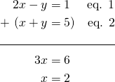 \begin{align*} 2x-y &= 1 \quad \,\,\text{eq. 1}\\+\,\,\+(x+y&=5) \quad \text{eq. 2}\\ \cline{1-2} 3x &= 6 \\ x &= 2\end{align*}