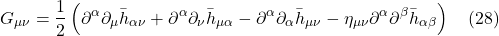 \[G_{\mu \nu}=\frac{1}{2}\left(\partial^\alpha \partial_\mu \bar{h}_{\alpha \nu}+\partial^\alpha \partial_\nu \bar{h}_{\mu \alpha}-\partial^\alpha \partial_\alpha \bar{h}_{\mu \nu}-\eta_{\mu \nu} \partial^\alpha \partial^\beta \bar{h}_{\alpha \beta}\right)\quad \text{(28)}\]