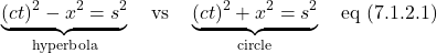 \[ \underbrace{(ct)^2 - x^2 = s^2}_{\text{hyperbola}} \quad \text{vs} \quad \underbrace{(ct)^2 + x^2 = s^2}_{\text{circle}} \quad \text{eq (7.1.2.1)}  \]