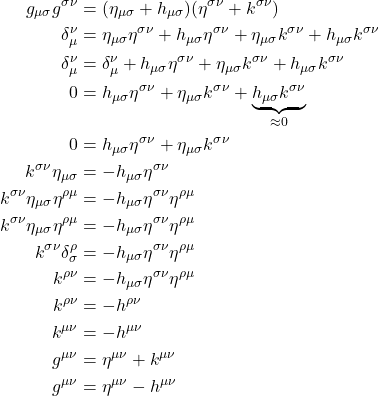 \begin{align*} g_{\mu \sigma} g^{\sigma \nu} &= (\eta _{\mu\sigma} + h_{\mu\sigma})(\eta^{\sigma \nu} + k^{\sigma \nu}) \\ \delta^{\nu}_{\mu} &= \eta _{\mu\sigma} \eta^{\sigma \nu} + h_{\mu\sigma} \eta^{\sigma \nu} + \eta _{\mu\sigma} k^{\sigma \nu} + h_{\mu\sigma}k^{\sigma \nu} \\  \delta^{\nu}_{\mu} &= \delta^{\nu}_{\mu} + h_{\mu\sigma} \eta^{\sigma \nu} + \eta _{\mu\sigma} k^{\sigma \nu} + h_{\mu\sigma}k^{\sigma \nu} \\  0 &=  h_{\mu\sigma} \eta^{\sigma \nu} + \eta _{\mu\sigma} k^{\sigma \nu} + \underbrace{h_{\mu\sigma}k^{\sigma \nu}}_{\approx 0} \\ 0 &= h_{\mu\sigma} \eta^{\sigma \nu} + \eta _{\mu\sigma} k^{\sigma \nu} \\ k^{\sigma \nu} \eta _{\mu\sigma} &= - h_{\mu\sigma} \eta^{\sigma \nu}  \\ k^{\sigma \nu} \eta _{\mu\sigma}  \eta^{\rho \mu} &= - h_{\mu\sigma} \eta^{\sigma \nu} \eta^{\rho \mu} \\ k^{\sigma \nu} \eta _{\mu\sigma}  \eta^{\rho \mu} &= - h_{\mu\sigma} \eta^{\sigma \nu} \eta^{\rho \mu} \\ k^{\sigma \nu} \delta^{\rho}_{\sigma} &= - h_{\mu\sigma} \eta^{\sigma \nu} \eta^{\rho \mu} \\ k^{\rho \nu} &= - h_{\mu\sigma} \eta^{\sigma \nu} \eta^{\rho \mu} \\ k^{\rho \nu} &= - h^{\rho\nu} \\ k^{\mu \nu} &= - h^{\mu\nu} \\ g^{\mu \nu} &= \eta^{\mu \nu} + k^{\mu \nu} \\ g^{\mu \nu} &= \eta^{\mu \nu} - h^{\mu\nu} \\ \end{align*}