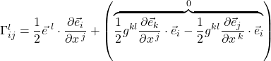 \Gamma^l_{ij}=\displaystyle \frac12 \vec{e}^{\,\,l} \cdot \frac{\partial \vec{e}_i}{\partial x^{\,j}} + \left(\overbrace{\frac12 g^{kl}\frac{\partial \vec{e}_k}{\partial x^{\,j}} \cdot \vec{e}_i - \frac12 g^{kl}\frac{\partial \vec{e}_j}{\partial x^{\,k}} \cdot \vec{e}_i}^{0} \right)