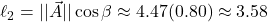 \displaystyle \ell_2=\lvert\lvert \vec{A} \rvert\rvert\cos\beta\approx4.47(0.80)\approx3.58