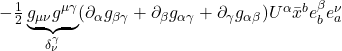 - \frac12 \underbrace{g_{\mu \nu} g^{\mu \gamma}}_{\delta^{\gamma}_{\nu}}(\partial_{\alpha}g_{\beta \gamma} + \partial_{\beta}g_{\alpha \gamma} + \partial_{\gamma}g_{\alpha \beta})U^{\alpha} \bar{x}^b e^{\beta}_b e^{\nu}_a