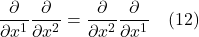 \displaystyle \frac{\partial}{\partial x^1}\frac{\partial}{\partial x^2} = \frac{\partial}{\partial x^2}\frac{\partial}{\partial x^1} \quad \text{(12)}