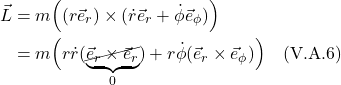 \begin{align*} \vec{L} &= m\Bigl((r\vec{e}_r) \times (\dot{r}\vec{e}_r + \dot{\phi}\vec{e}_{\phi})  \Bigr) \\ &= m \Bigl(  r\dot{r}(\underbrace{\cancel{\vec{e}_r \times \vec{e}_r}}_{0})  + r\dot{\phi}(\vec{e}_r \times \vec{e}_{\phi})  \Bigr)  \quad \text{(V.A.6)}  \end{align*}