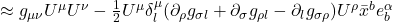 \approx g_{\mu \nu} U^{\mu} U^{\nu} - \frac12 U^{\mu} \delta_{l}^{\mu} (\partial_{\rho} g_{\sigma l} + \partial_{\sigma} g_{\rho l} - \partial_l g_{\sigma \rho} )U^{\rho} \bar{x}^b e^{\alpha}_b