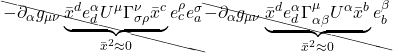 \bcancel{- \partial_{\alpha}g_{\mu \nu}\underbrace{\bar{x}^d e^{\alpha}_d U^{\mu}\Gamma^{\nu}_{\sigma \rho}\bar{x}^c}_{\bar{x}^2 \approx 0} e^{\rho}_c e^{\sigma}_a}  \bcancel{-\partial_{\alpha}g_{\mu \nu}\underbrace{\bar{x}^d e^{\alpha}_d \Gamma^{\mu}_{\alpha \beta}U^{\alpha}\bar{x}^b}_{\bar{x}^2 \approx 0} e^{\beta}_b}