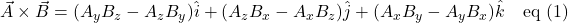 \displaystyle \vec{A} \times \vec{B}  = (A_yB_z - A_zB_y)\hat{i} + (A_zB_x - A_xB_z)\hat{j} + (A_xB_y - A_yB_x)\hat{k}\quad \text{eq (1)}