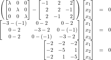 \begin{array}{rcl} \left(\begin{bmatrix}\lambda&0&0\\0&\lambda&0\\0&0&\lambda\end{bmatrix}-\begin{bmatrix}-1&\,\,\,\,\,2&\,\,\,\,\,2\\\,\,\,\,\,2&\,\,\,\,\,2&-1\\\,\,\,\,\,2&-1&\,\,\,\,\,2\end{bmatrix}\right)\begin{bmatrix}x_1\\x_2\\x_3\end{bmatrix}&=&0\\ \begin{bmatrix}-3-(-1)&0-2&0-2\\0-2&-3-2&0-(-1)\\0-2&0-(-1)&-3-2\end{bmatrix}\begin{bmatrix}x_1\\x_2\\x_3\end{bmatrix}&=&0\\ \begin{bmatrix}-2&-2&-2\\-2&-5&\,\,\,\,\,1\\-2&\,\,\,\,\,1&-5\end{bmatrix}\begin{bmatrix}x_1\\x_2\\x_3\end{bmatrix}&=&0 \end{array}