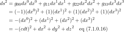 \begin{align*}ds^2 &= g_{00}dx^0dx^0 + g_{11}dx^1dx^1 + g_{22}dx^2dx^2 + g_{33}dx^3dx^3 \\ &= (-1)(dx^0)^2 + (1)(dx^1)^2 + (1)(dx^2)^2 + (1)(dx^3)^2 \\ &= -(dx^0)^2 + (dx^1)^2 + (dx^2)^2 + (dx^3)^2 \\ &=  -(cdt)^2 + dx^2 +dy^2 + dz^2 \quad \text{eq (7.1.0.16)} \end{align*}